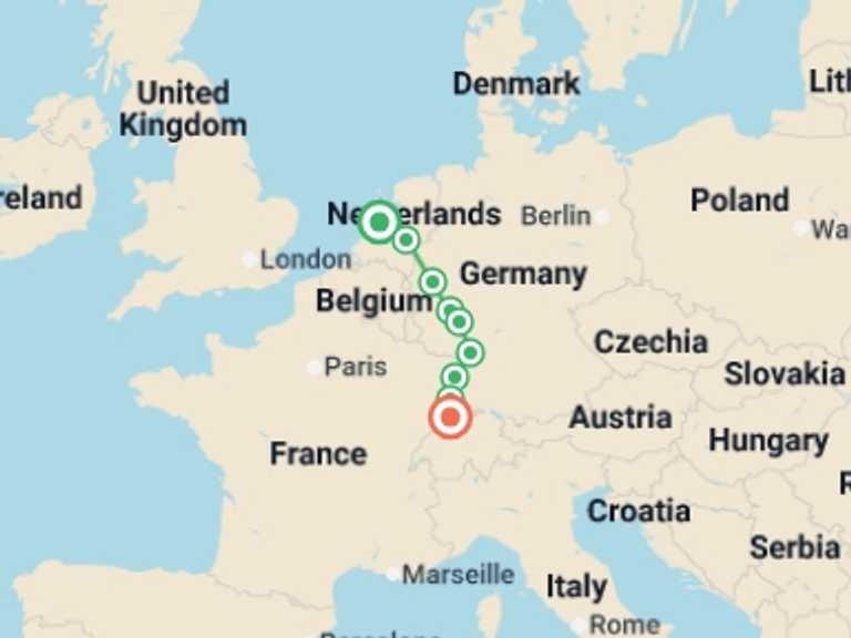 Map itinerary of Europe Tour in April 2027 with 9 destination visits for the trip: Castles along the Rhine (2027)