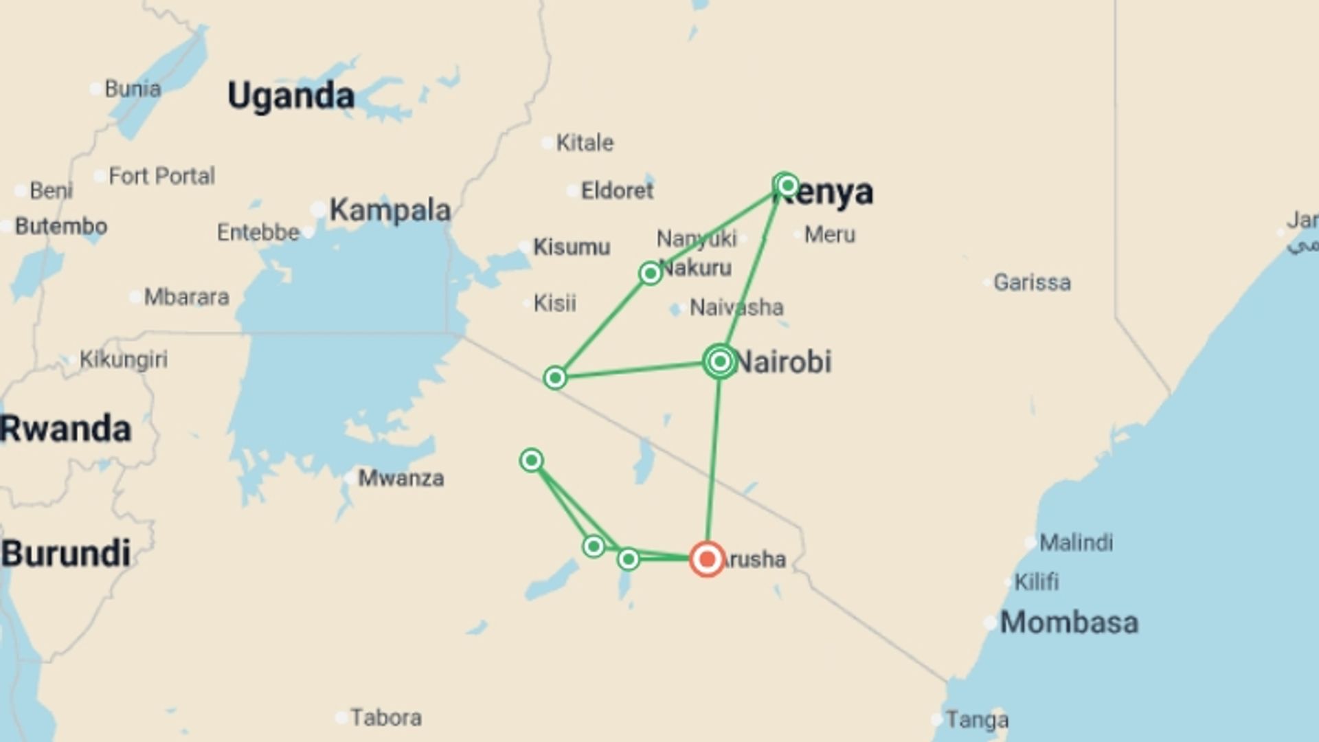 A map showing the tour itinerary for the trip: Kenya & Tanzania Camping Safari, starting in Nairobi, Kenya and ending in Arusha, Tanzania going through 7 other destinations.