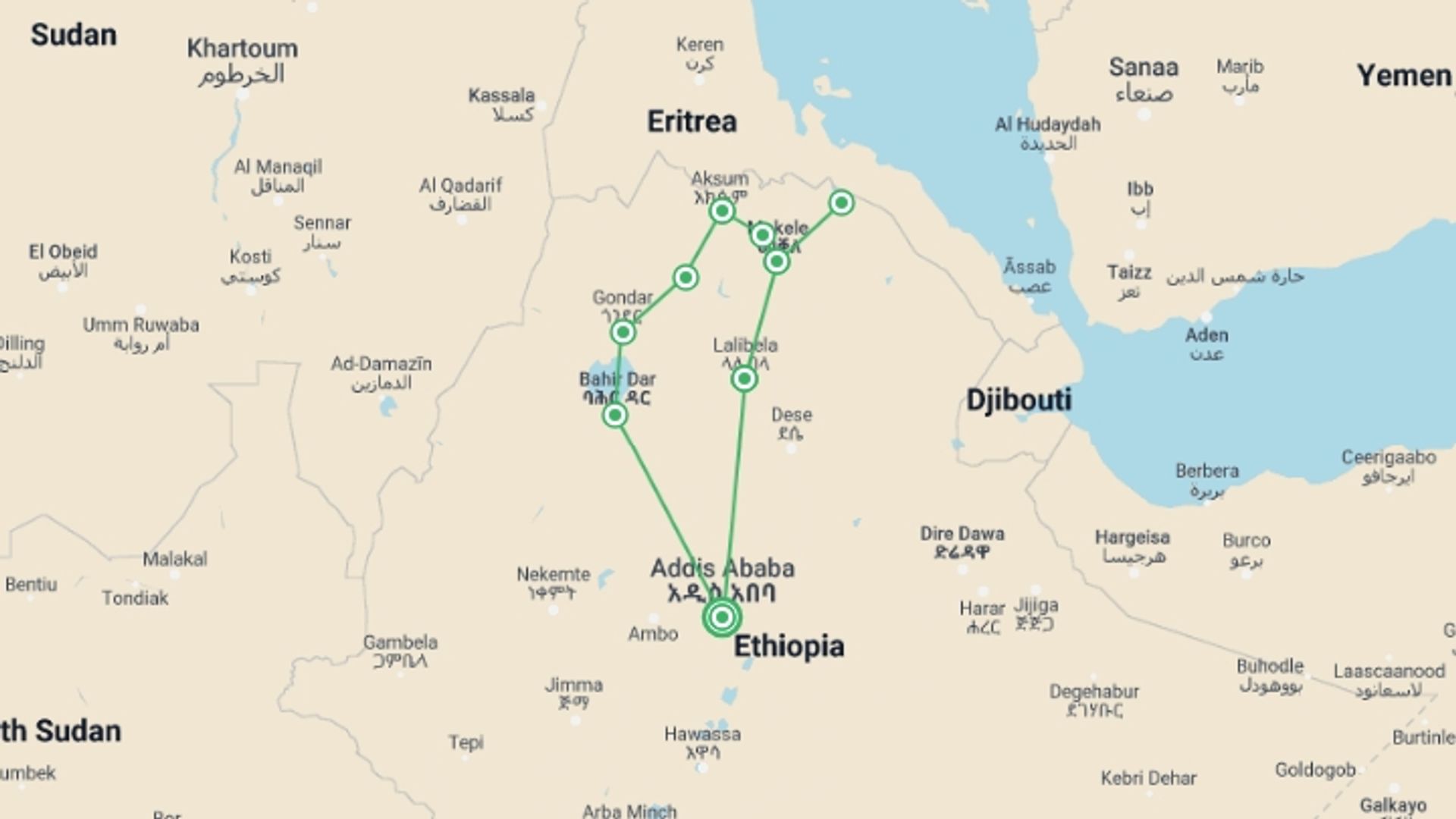 A map showing the tour itinerary for the trip: Charming Ethiopia, starting in Addis Ababa, Ethiopia and ending in Addis Ababa, Ethiopia going through 7 other destinations.