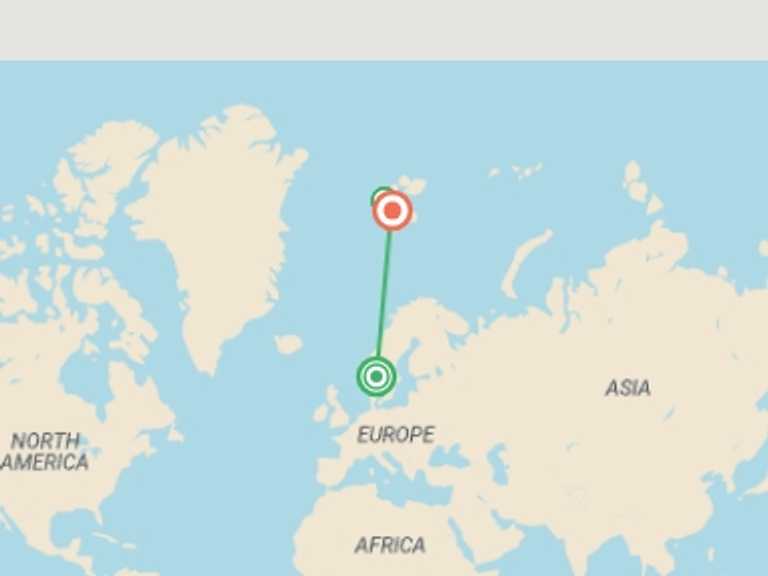 Map itinerary of Scandinavia Tour in July 2027 with 3 destination visits for the trip: Realm of the Polar Bear - M/V Sylvia Earle