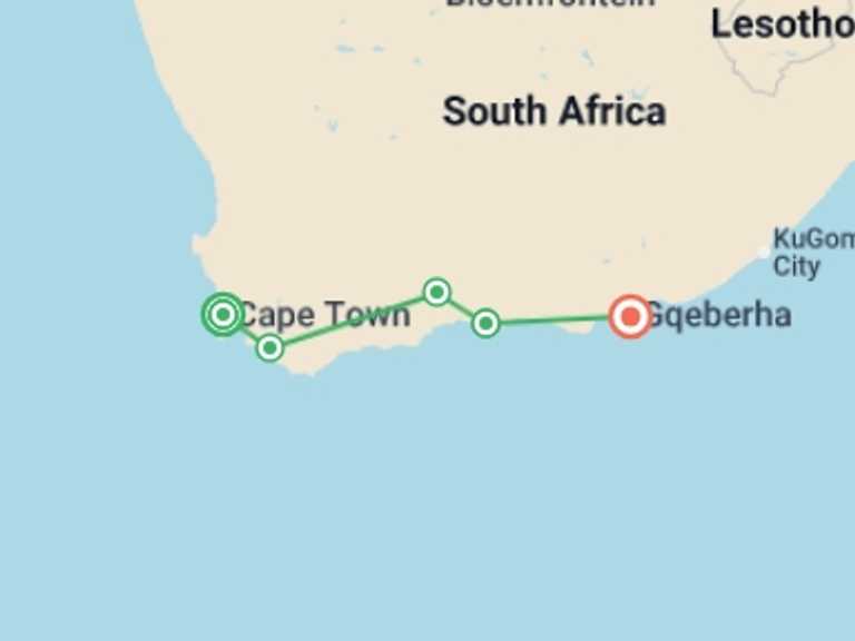Map of Africa Tour with 5 destination visits for the trip: Cape Town, Garden Route And Eastern Cape