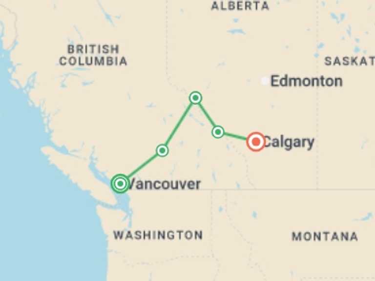 Map of Canada Tour with 5 destination visits for the trip: Canadian Rockies Discovery