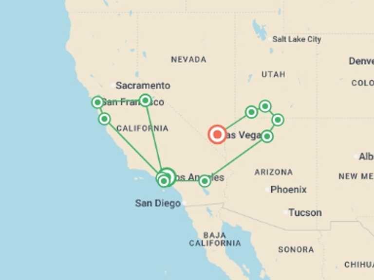 Map itinerary of USA Tour in August 2026 with 12 destination visits for the trip: USA Road Trip — Highway 1, Yosemite & Utah