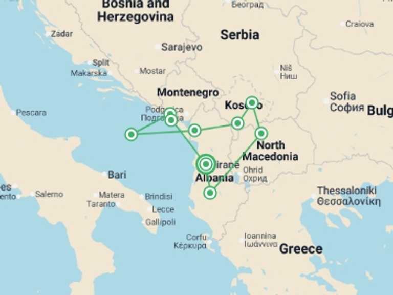 Map itinerary of Tirana Tour in Winter with 5 destination visits for the trip: Albania, Kosovo & Macedonia - 5 days