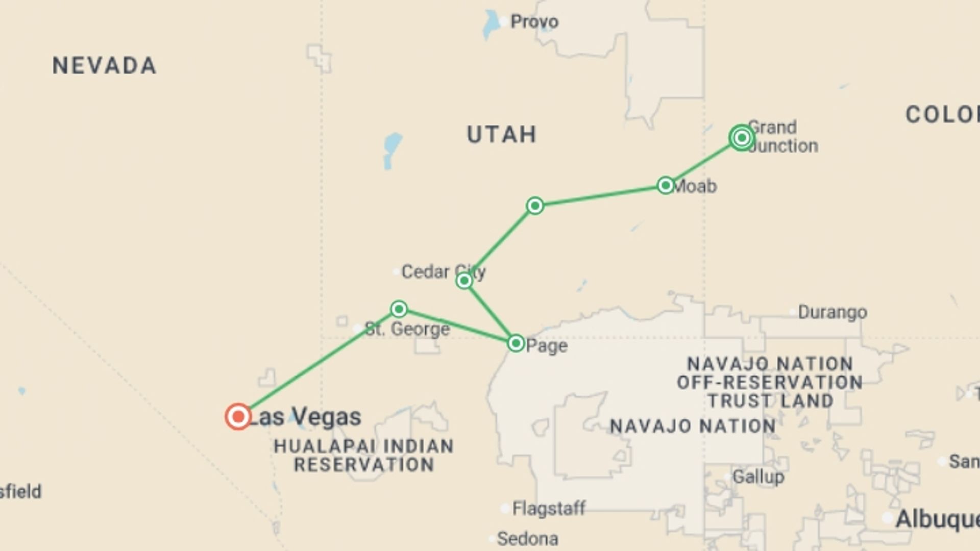 A map showing the tour itinerary for the trip: Utah's Mighty Five National Parks, starting in Grand Junction, USA and ending in Las Vegas, USA going through 5 other destinations.