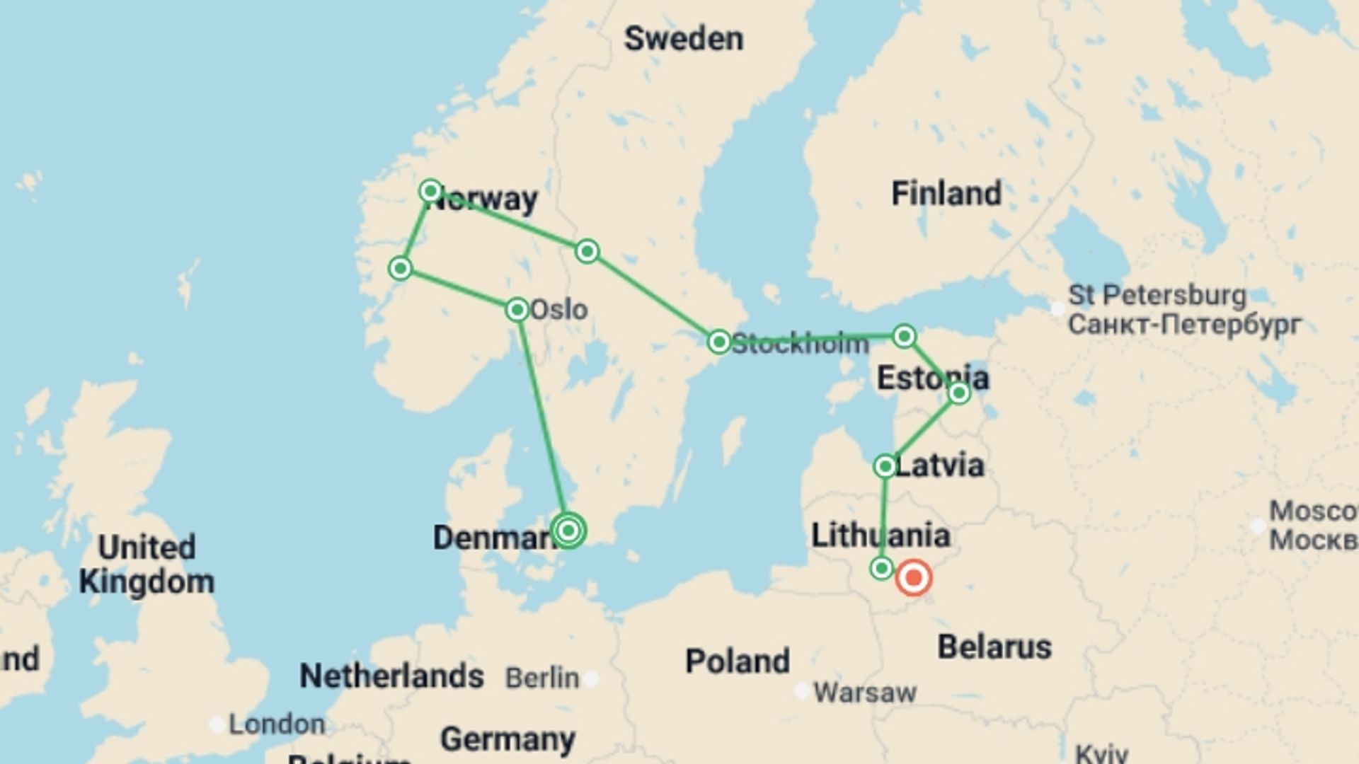 A map showing the tour itinerary for the trip: Scandinavia and Best of Baltics, starting in Copenhagen, Denmark and ending in Vilnius, Lithuania going through 10 other destinations.