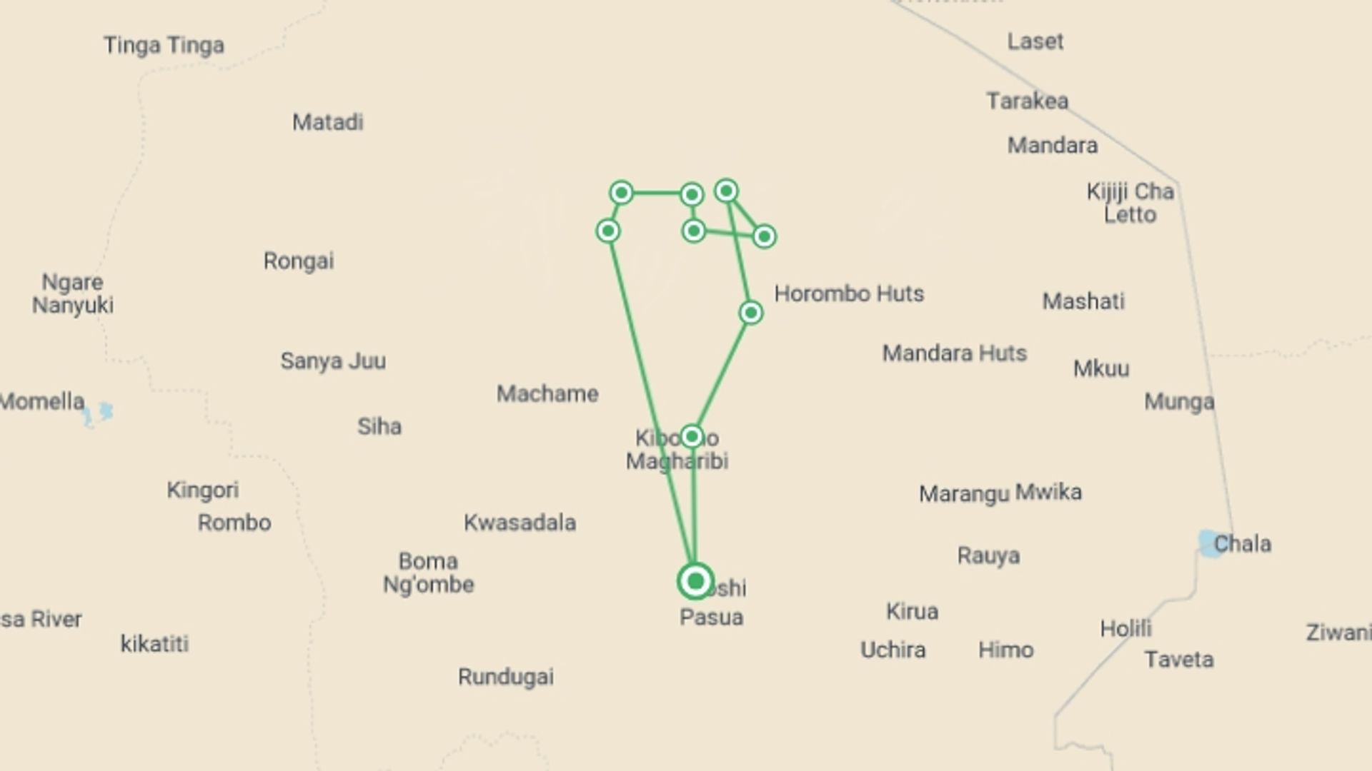 A map showing the tour itinerary for the trip: Six-Day Kilimanjaro Climb: Machame Route, starting in Moshi, Tanzania and ending in Moshi, Tanzania going through 9 other destinations.