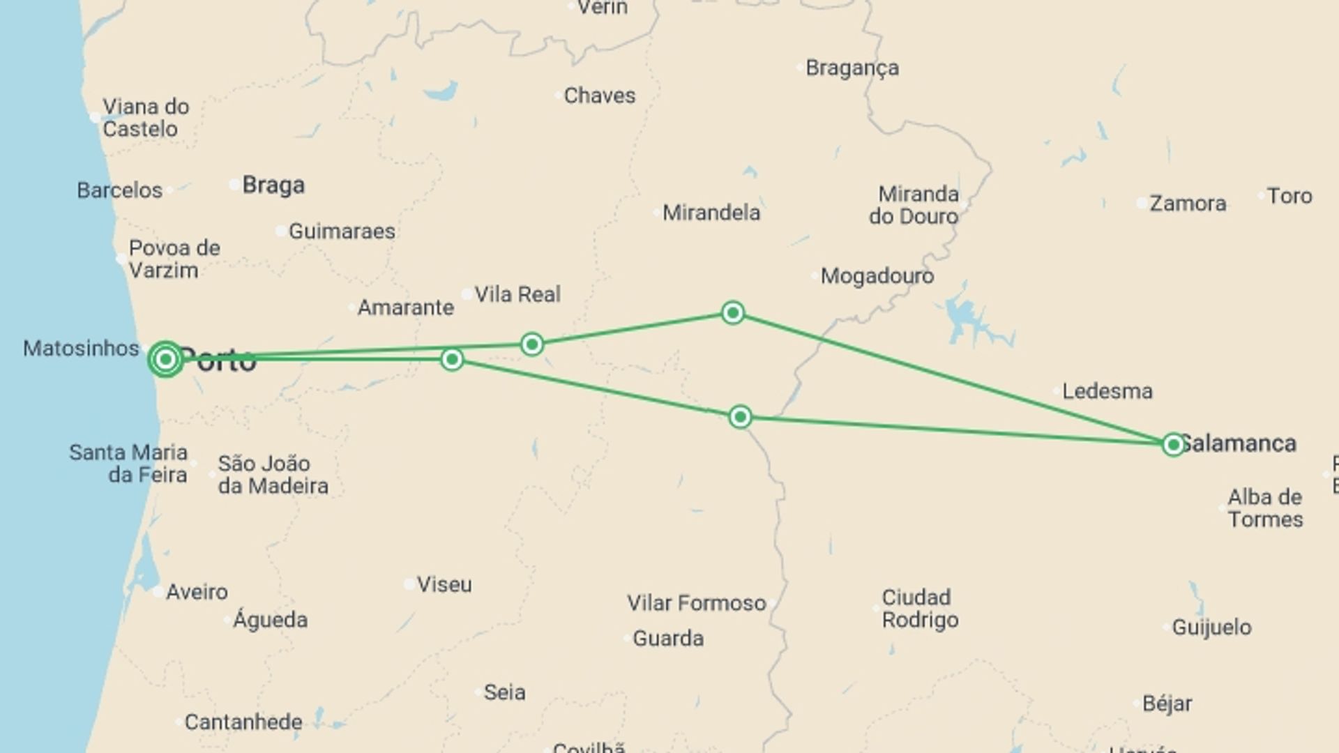A map showing the tour itinerary for the trip: From Portugal to Spain: Porto, the Douro Valley (Portugal) and Salamanca (Spain) (port-to-port cruise), starting in Porto, Portugal and ending in Porto, Portugal going through 5 other destinations.