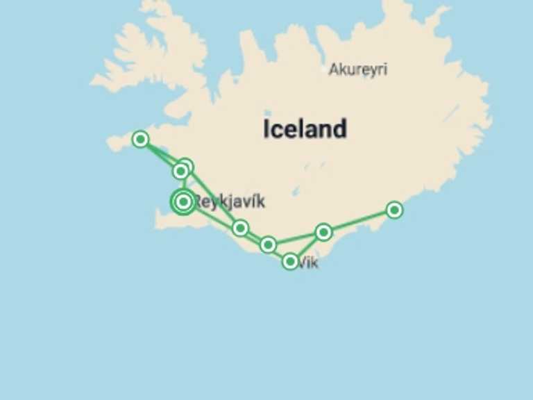 Map of Reykjavik Adventure Tour with 5 destination visits for the trip: Northern Lights Exploration (Small Group) - 8 days