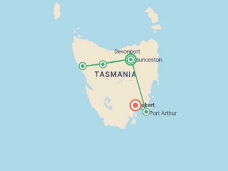 Map itinerary of Oceania Tour in August 2027 with 6 destination visits for the trip: Best of Tasmania