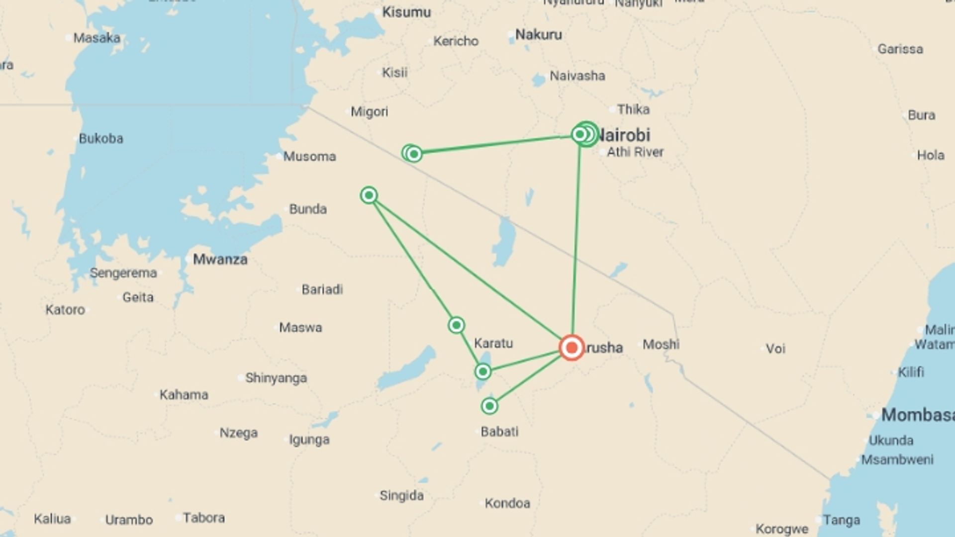 A map showing the tour itinerary for the trip: Kenya and Tanzania Safari, starting in Nairobi, Kenya and ending in Arusha, Tanzania going through 6 other destinations.