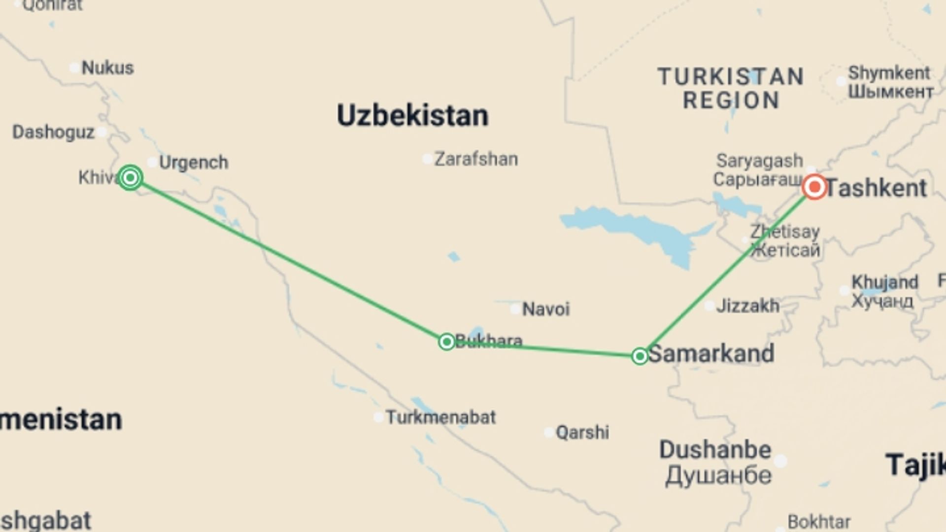A map showing the tour itinerary for the trip: Highlights of Uzbekistan, starting in undefined, undefined and ending in Tashkent, Uzbekistan going through 3 other destinations.