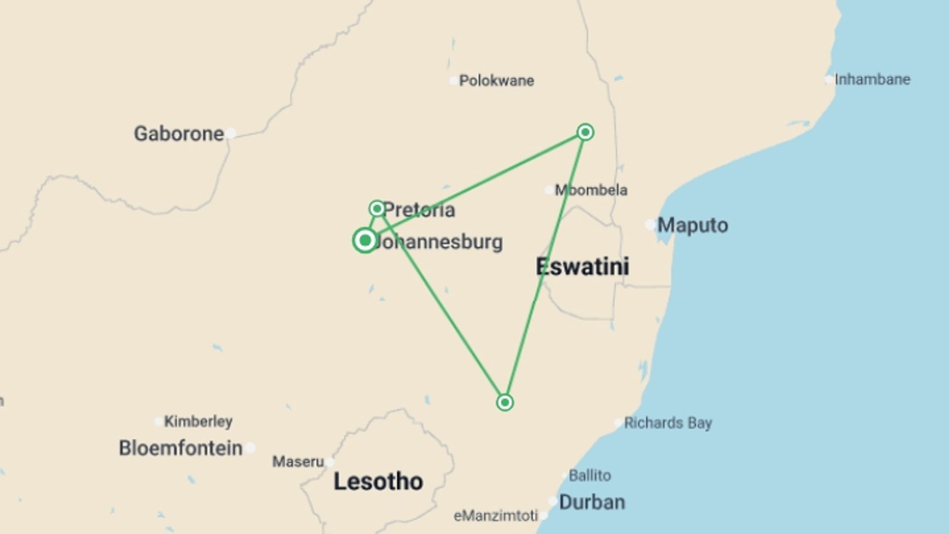 A map showing the tour itinerary for the trip: Safari in South Africa - 8 days, starting in Johannesburg, South Africa and ending in Johannesburg, South Africa going through 3 other destinations.