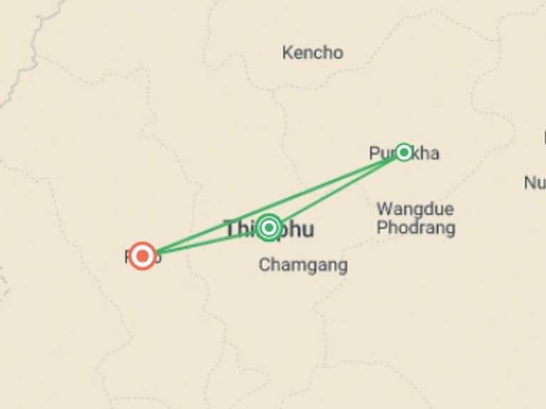 Map itinerary of Asia Tour in March 2026 with 3 destination visits for the trip: Spirit of Bhutan