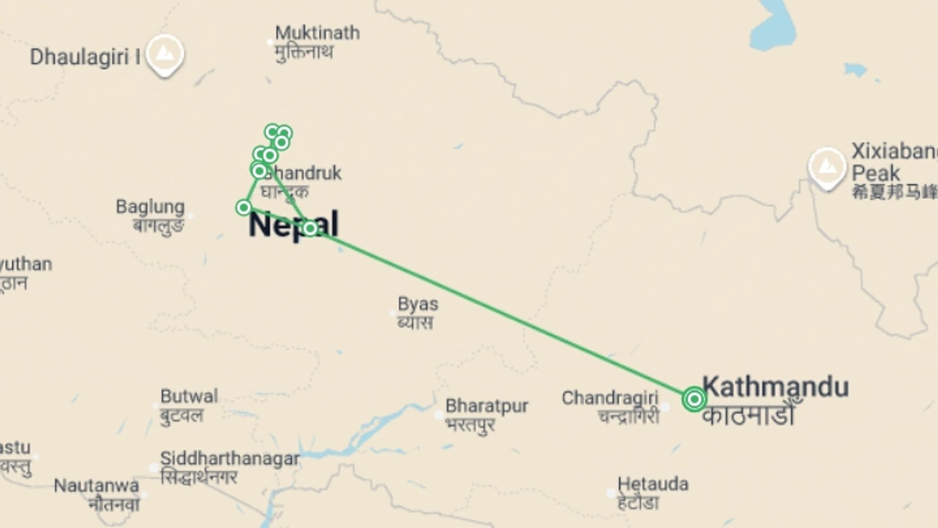 A map showing the tour itinerary for the trip: Annapurna Sanctuary Trek, starting in Kathmandu, Nepal and ending in Kathmandu, Nepal going through 10 other destinations.