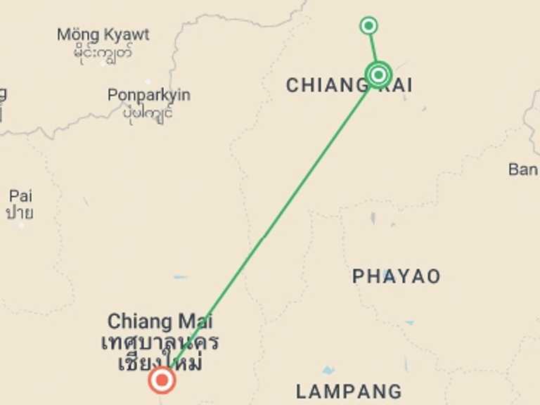 Map of Thailand Tour with 2 destination visits for the trip: North Thailand Highlights, Private Tour
