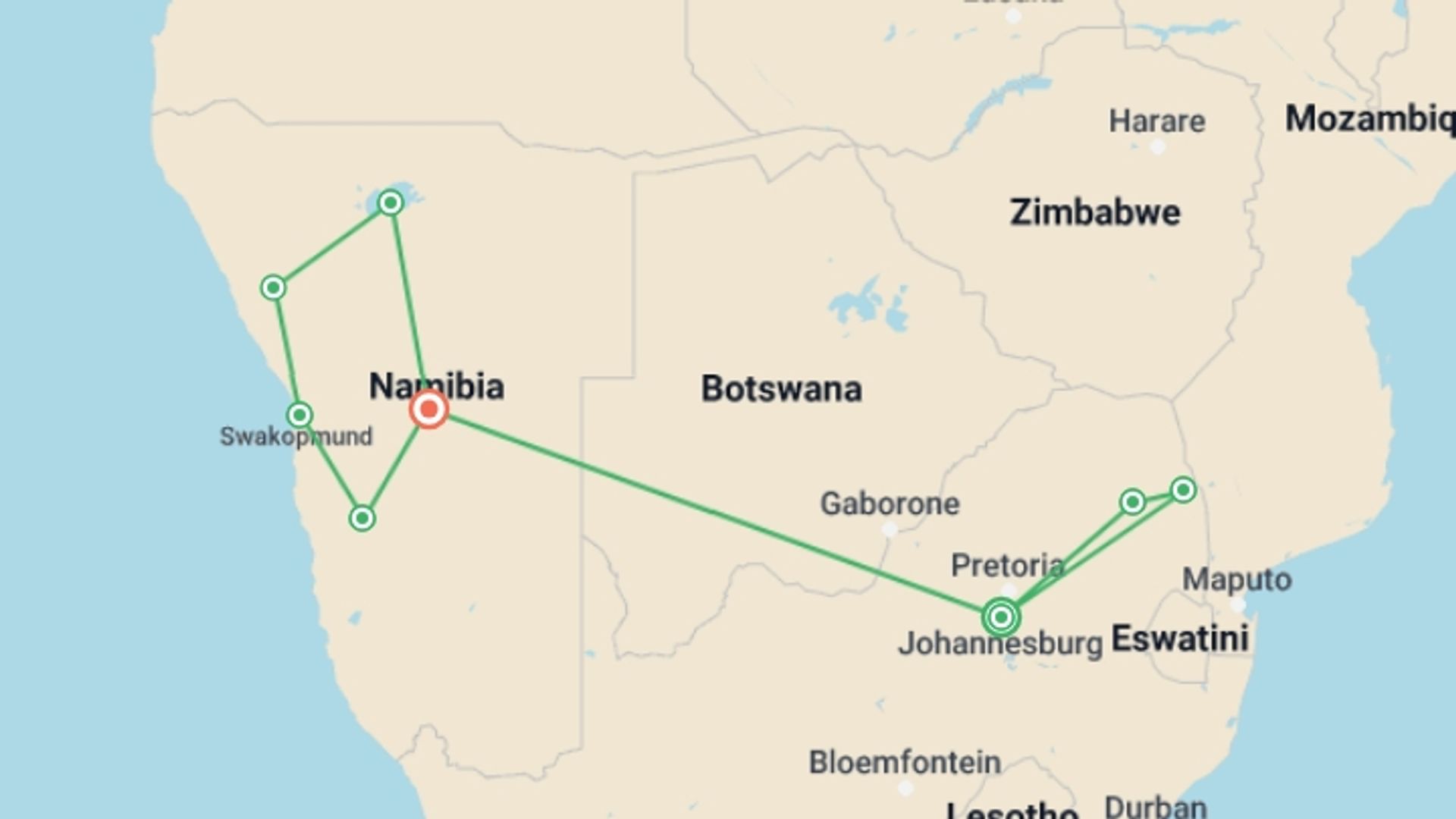 A map showing the tour itinerary for the trip: Journeys: Discover Kruger & Namibia, starting in Johannesburg, South Africa and ending in Windhoek, Namibia going through 6 other destinations.