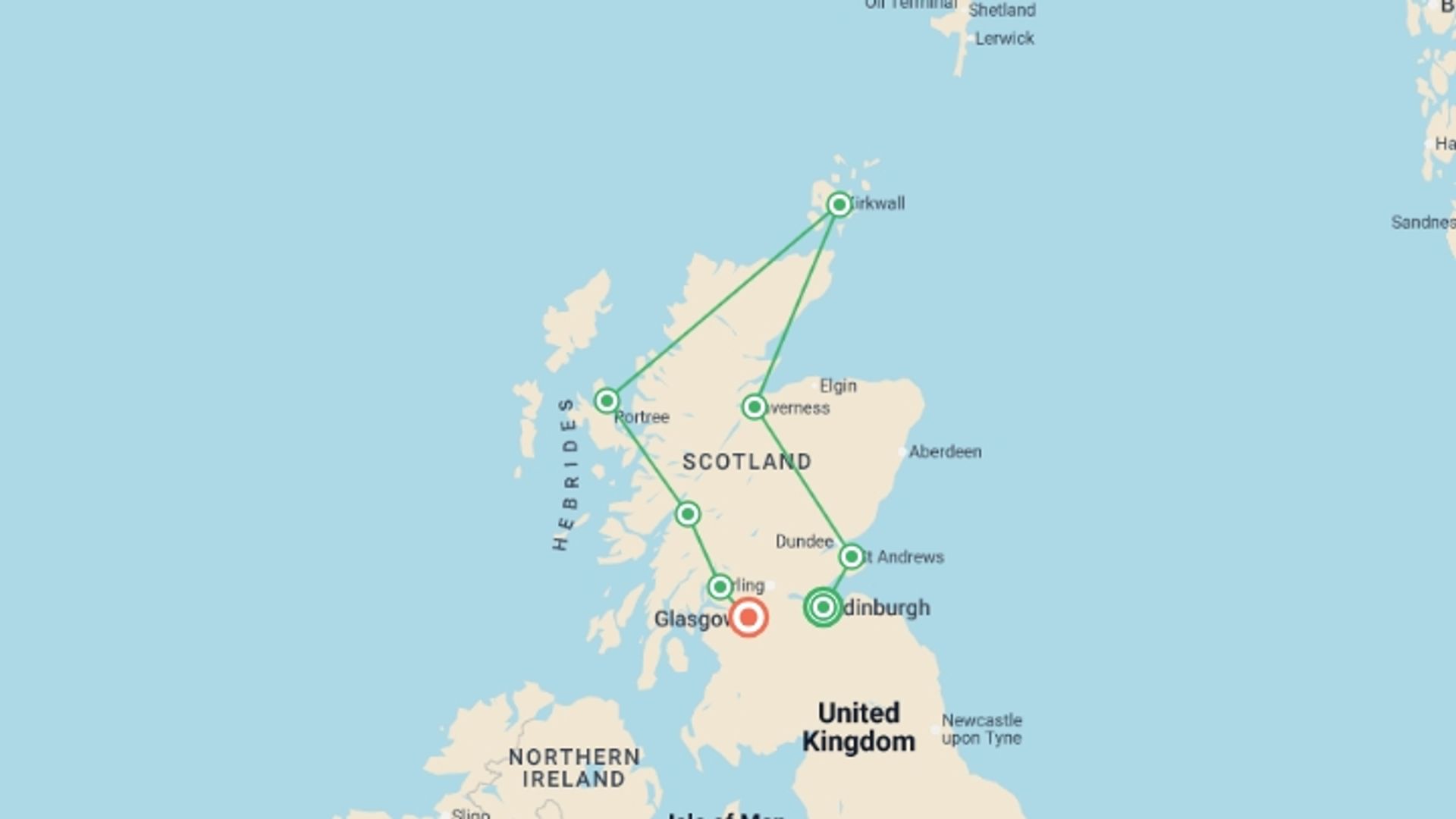 A map showing the tour itinerary for the trip: Country Roads of Scotland - Premium, starting in Edinburgh, Scotland and ending in Glasgow, Scotland going through 0 other destinations.