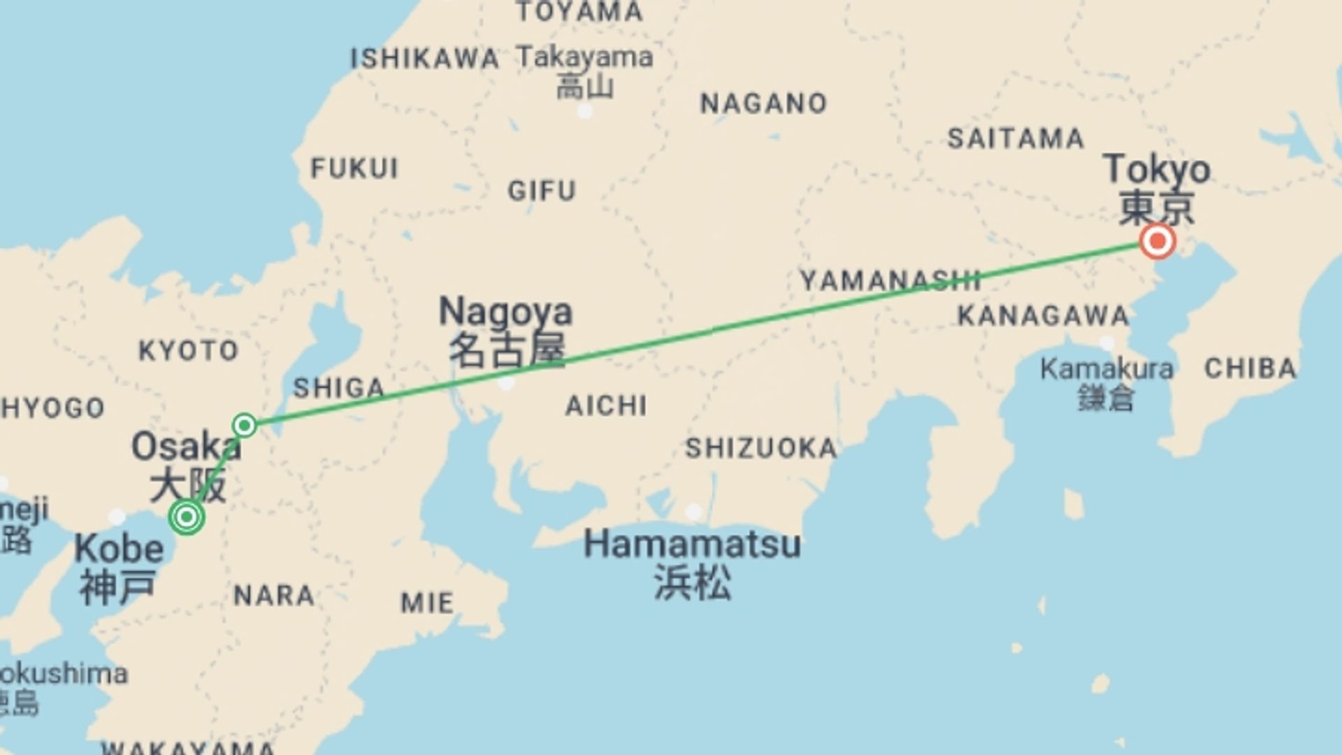 A map showing the tour itinerary for the trip: 8-Day Japan Family Trip with Disneyland, starting in Osaka, Japan and ending in Tokyo, Japan going through 1 other destinations.