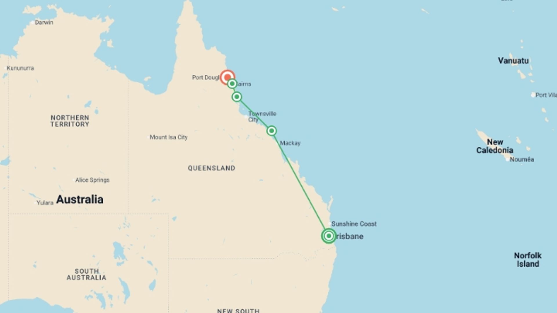 A map showing the tour itinerary for the trip: Whitsundays, Reef & Rainforest - 9 days, starting in Brisbane, Australia and ending in Port Douglas, Australia going through 3 other destinations.