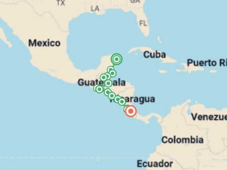 Map itinerary of North America Tour in November 2026 with 18 destination visits for the trip: Central American Adventure