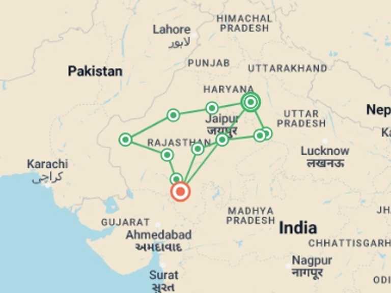 Map itinerary of Rajasthan Tour in Spring with 10 destination visits for the trip: A Discovery of India Premium Small Group Tour