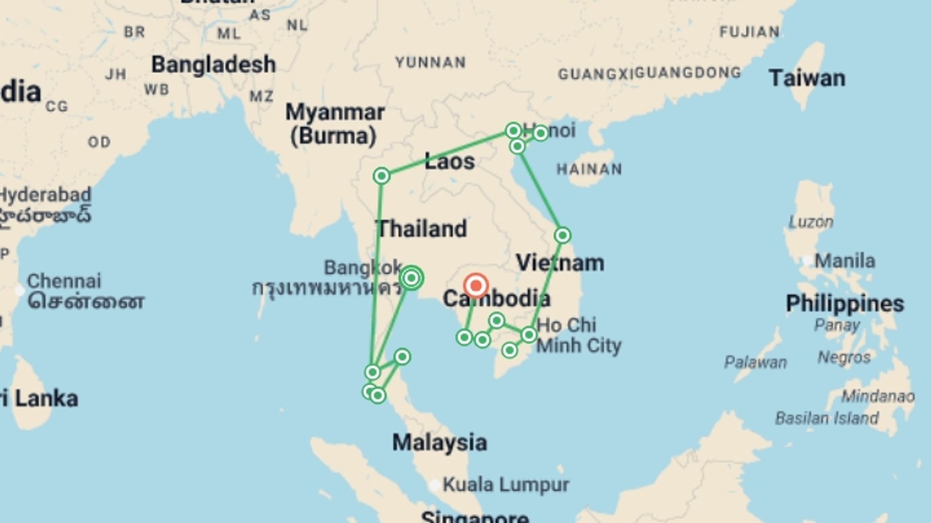 A map showing the tour itinerary for the trip: Thailand, Vietnam & Cambodia Adventure - 38 days, starting in Bangkok, Thailand and ending in Siem Reap, Cambodia going through 14 other destinations.