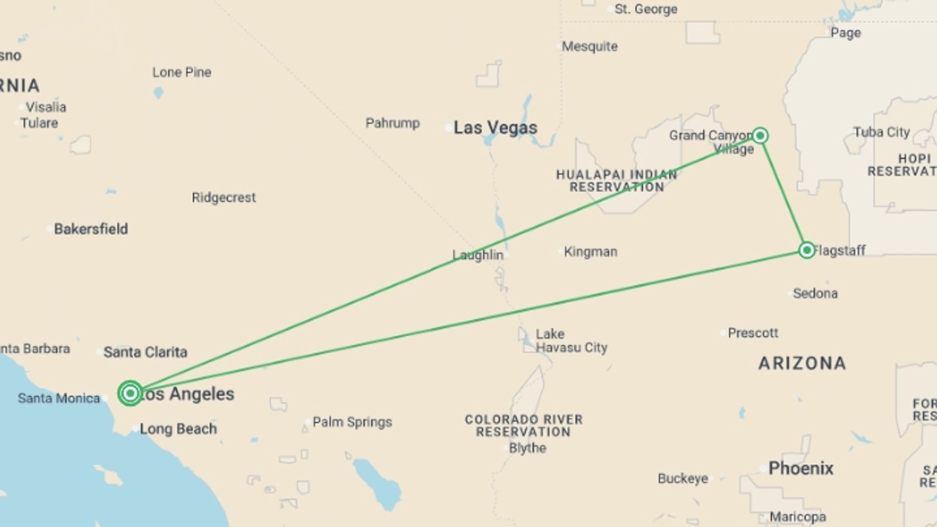 A map showing the tour itinerary for the trip: Los Angeles, Las Vegas, and the Grand Canyon, Ending in LAX, starting in Los Angeles, USA and ending in Los Angeles, USA going through 1 other destinations.