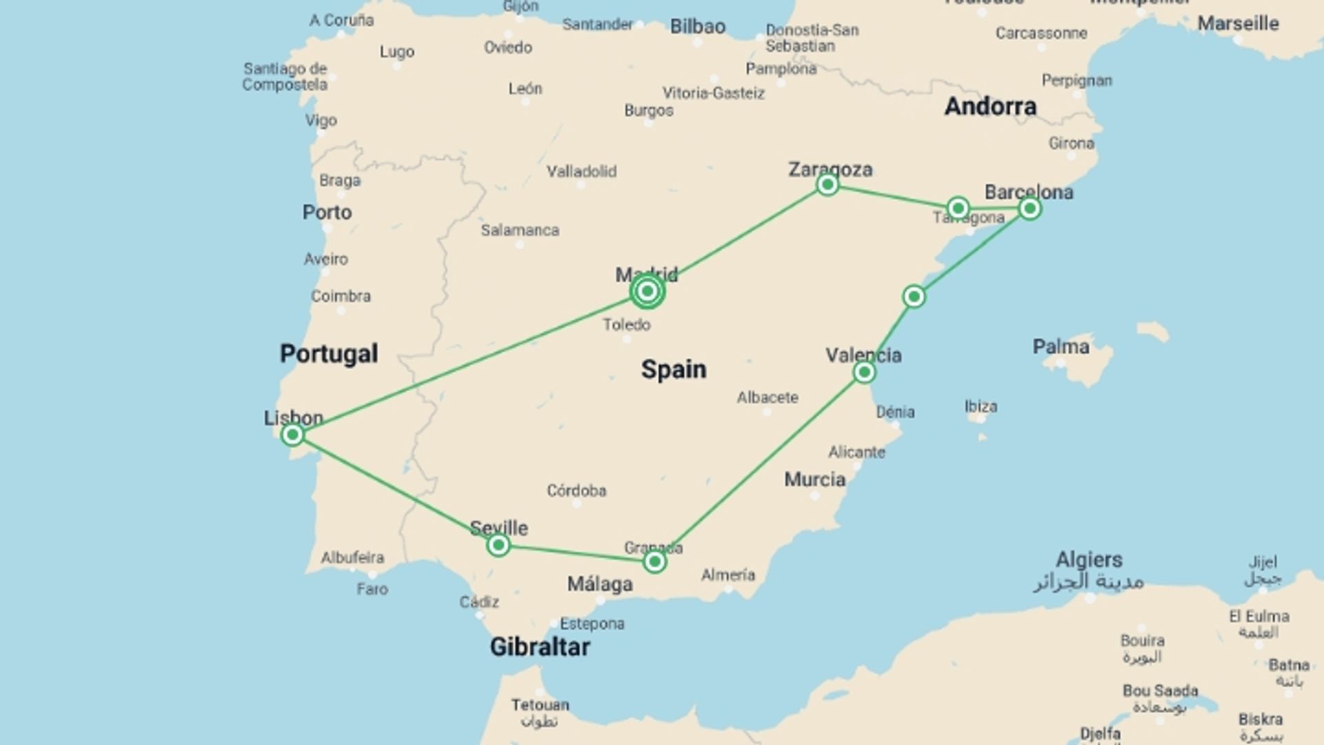 A map showing the tour itinerary for the trip: Great Iberian Route (without Alhambra), starting in Madrid, Spain and ending in Madrid, Spain going through 5 other destinations.