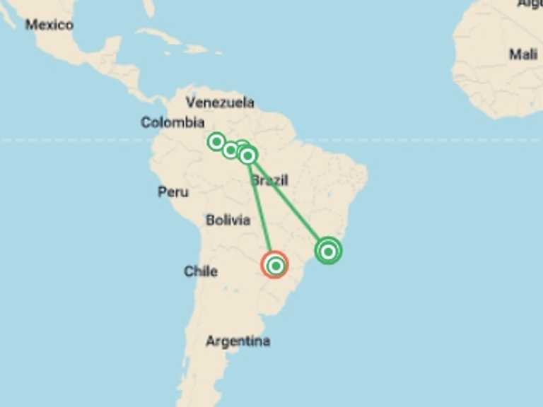 Map of Rio de Janeiro Tour with 10 destination visits for the trip: Along the Amazon and the Rio Negro - An Exclusive Cruise through Pristine and Hidden Nature - Rio, vibrant and timeless, and an exceptional stay at Iguazu Falls (port-to-port cruise)