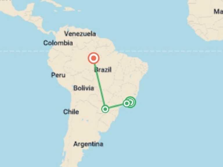 Map itinerary of Manaus Tour in July 2026 with 5 destination visits for the trip: Discover Brazil