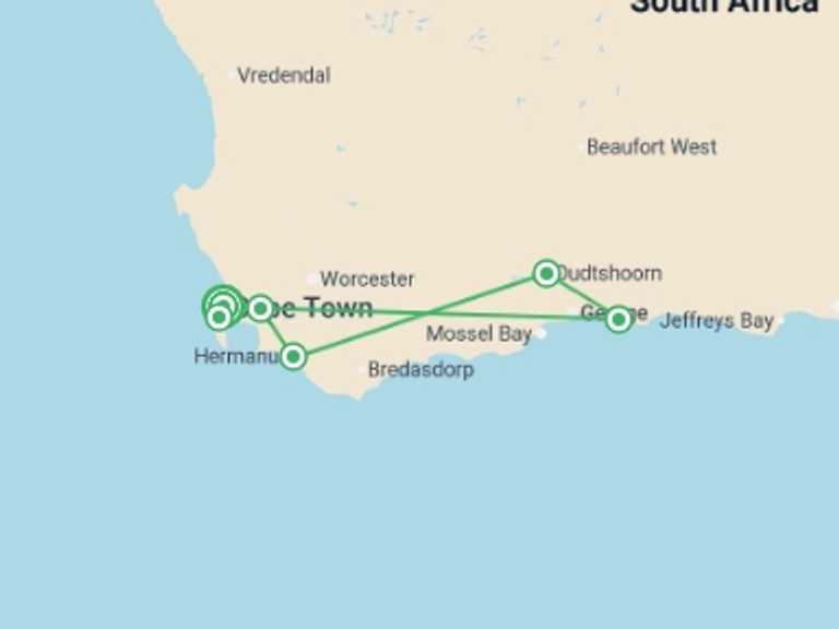 Map itinerary of Cape Town Tour in Fall with 5 destination visits for the trip: Cape Town & the Garden Route - 8 days
