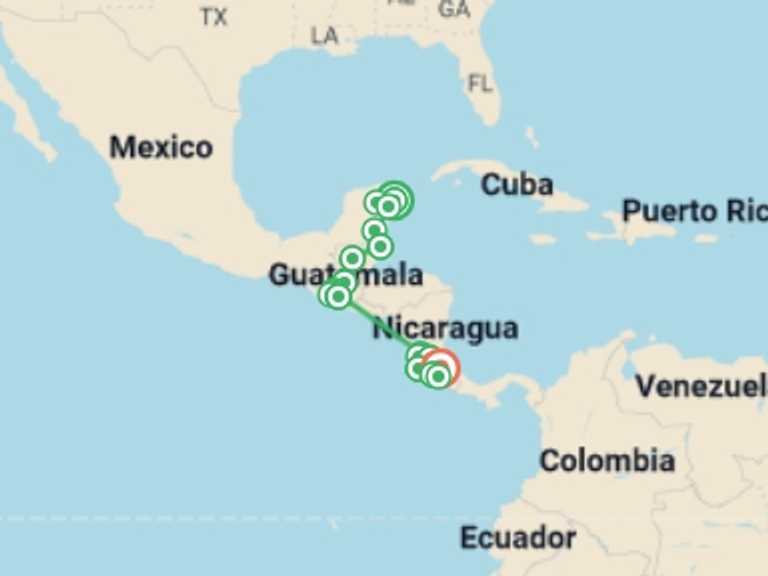 Map itinerary of South America Tour in June 2026 with 13 destination visits for the trip: Mexico to Costa Rica Adventure  - 30 days