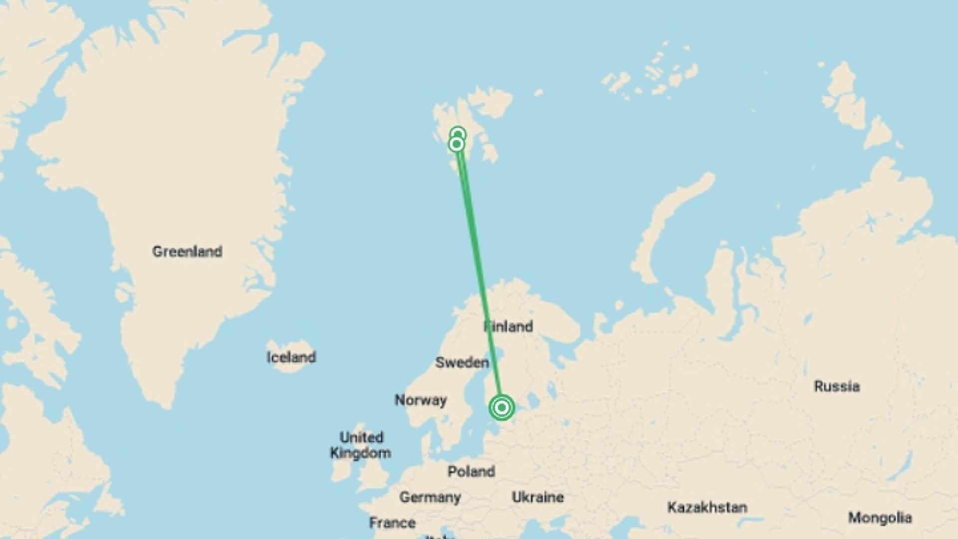 A map showing the tour itinerary for the trip: Svalbard in Spring: Sea Ice, Pristine Snow and Wildlife, starting in Helsinki, Finland and ending in Helsinki, Finland going through 2 other destinations.