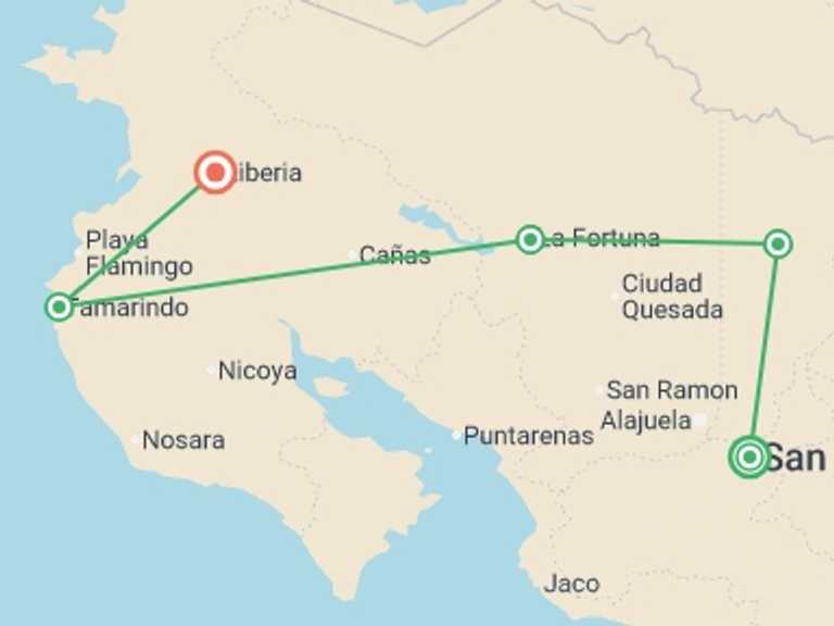 Map itinerary of Liberia City Tour in Fall with 5 destination visits for the trip: Landscapes of Costa Rica - 10 days