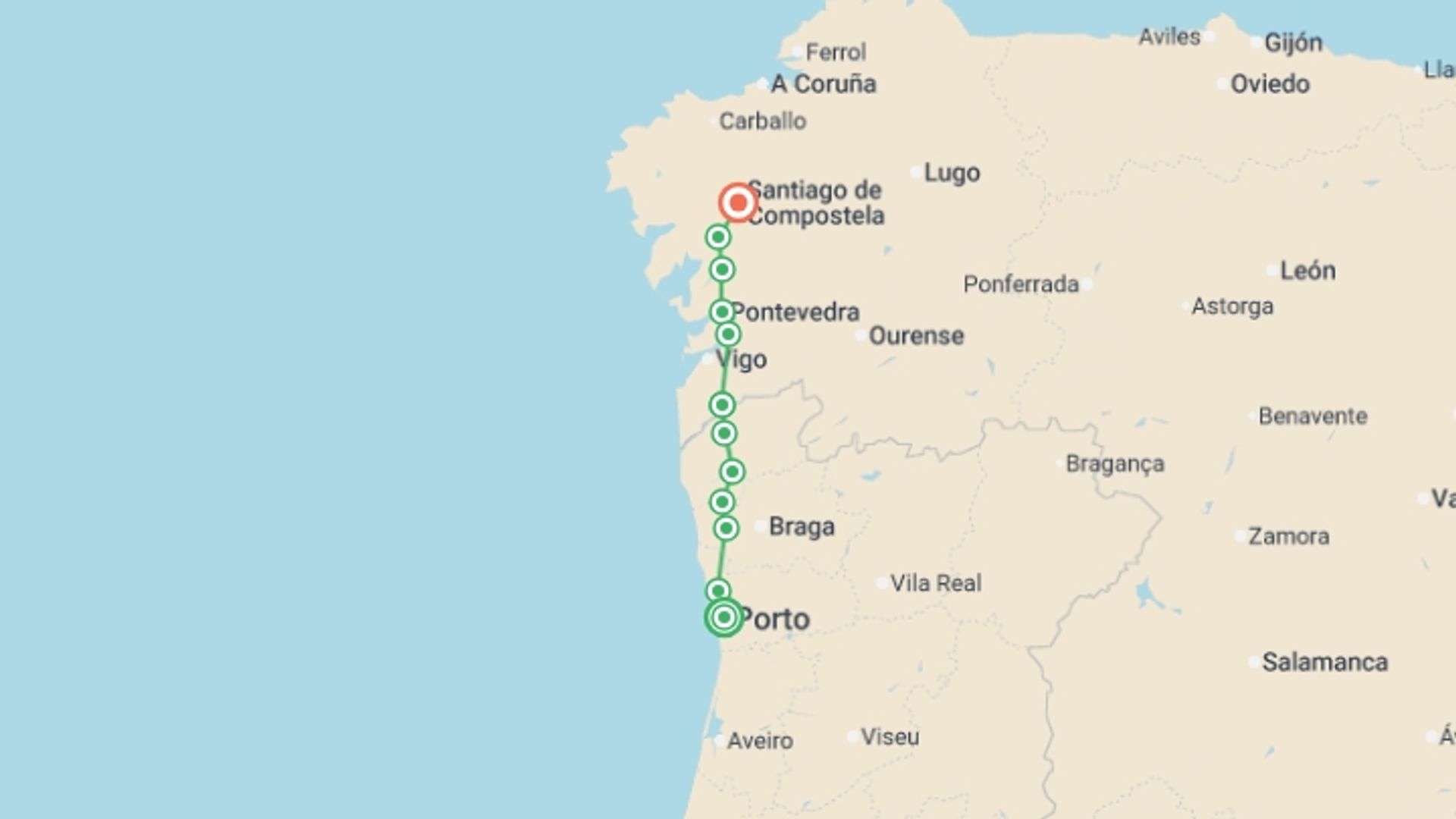 A map showing the tour itinerary for the trip: Portuguese Camino - Porto to Santiago, starting in Porto, Portugal and ending in Santiago De Compostela, Spain going through 10 other destinations.
