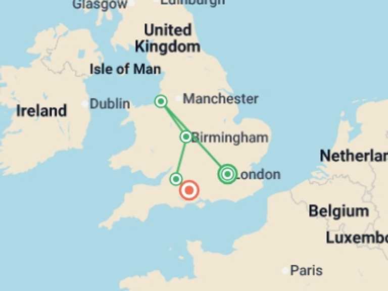 Map of Europe Tour with 5 destination visits for the trip: Journey Through Historic England's Heart - 4 days