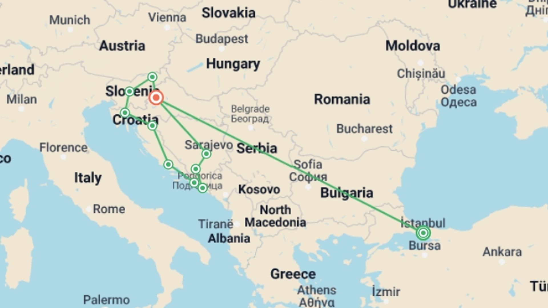 A map showing the tour itinerary for the trip: Highlights of Istanbul Croatia Bosnia and Slovenia, starting in Istanbul, Turkey and ending in Zagreb, Croatia going through 7 other destinations.