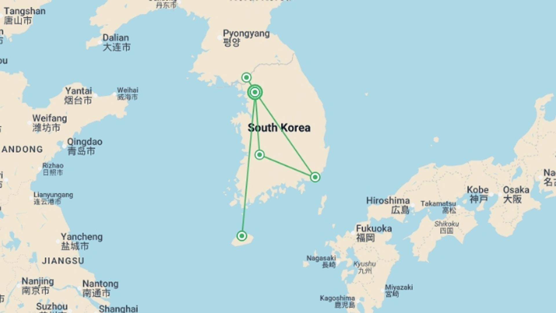 A map showing the tour itinerary for the trip: South Korean Soul with Jeju Island 35 to 45, starting in Seoul, South Korea and ending in Seoul, South Korea going through 4 other destinations.