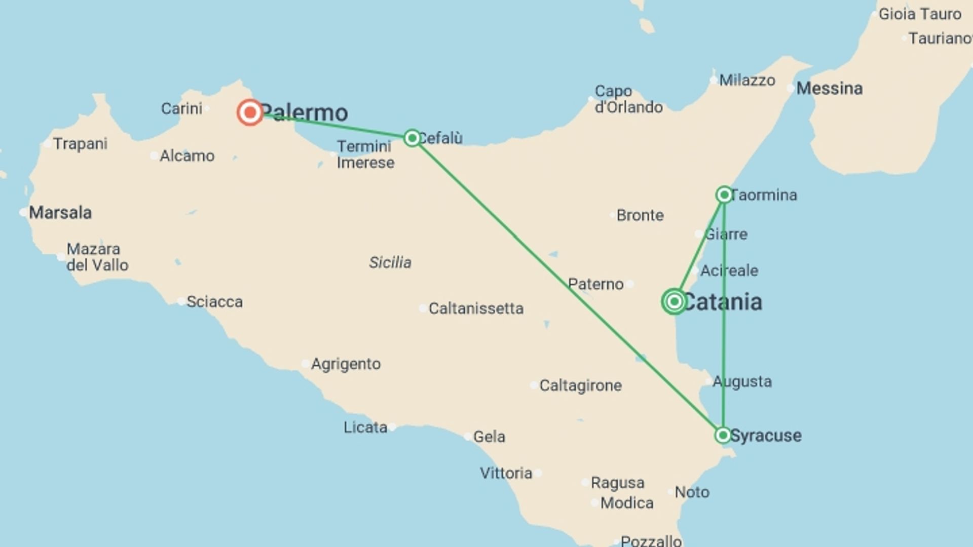 A map showing the tour itinerary for the trip: Real Sicily 35 to 45, starting in Catania, Italy and ending in Palermo, Italy going through 3 other destinations.
