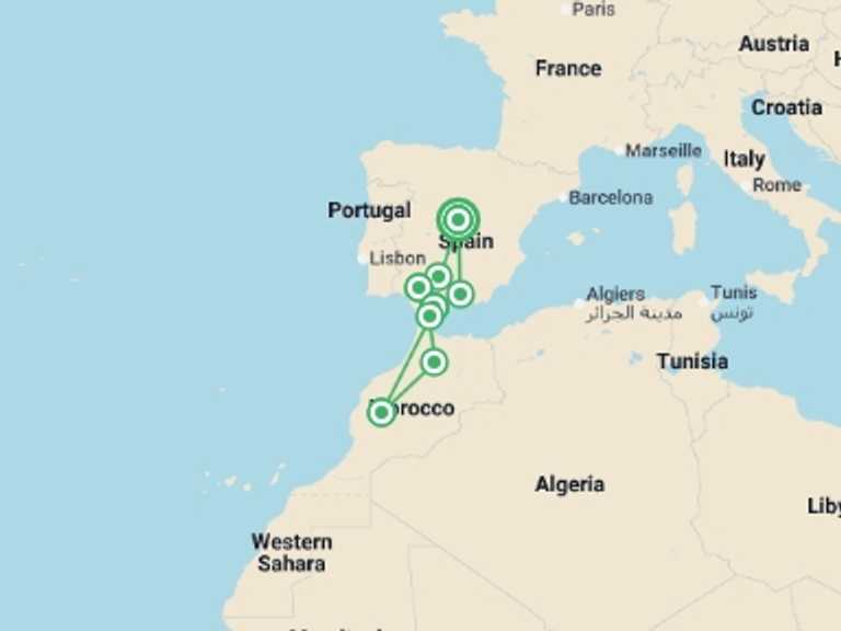 Map of Europe Tour with 8 destination visits for the trip: Madrid, Morocco & Andalucia (Superior) - 16 days