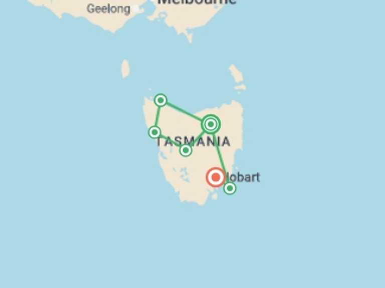 Map itinerary of Australia Tour in Spring with 6 destination visits for the trip: Best of Tasmania