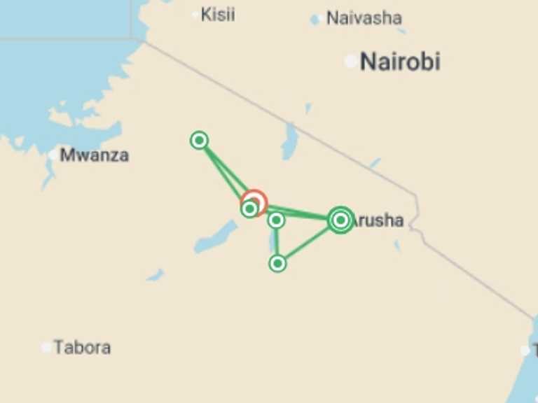 Map of Tanzania Tour with 6 destination visits for the trip: Classic Tanzania Safari