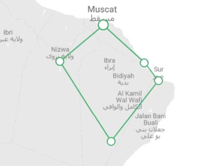 Map of a Beach Tour with 4 destination visits for the trip: Mountains, Deserts and Coast of Oman