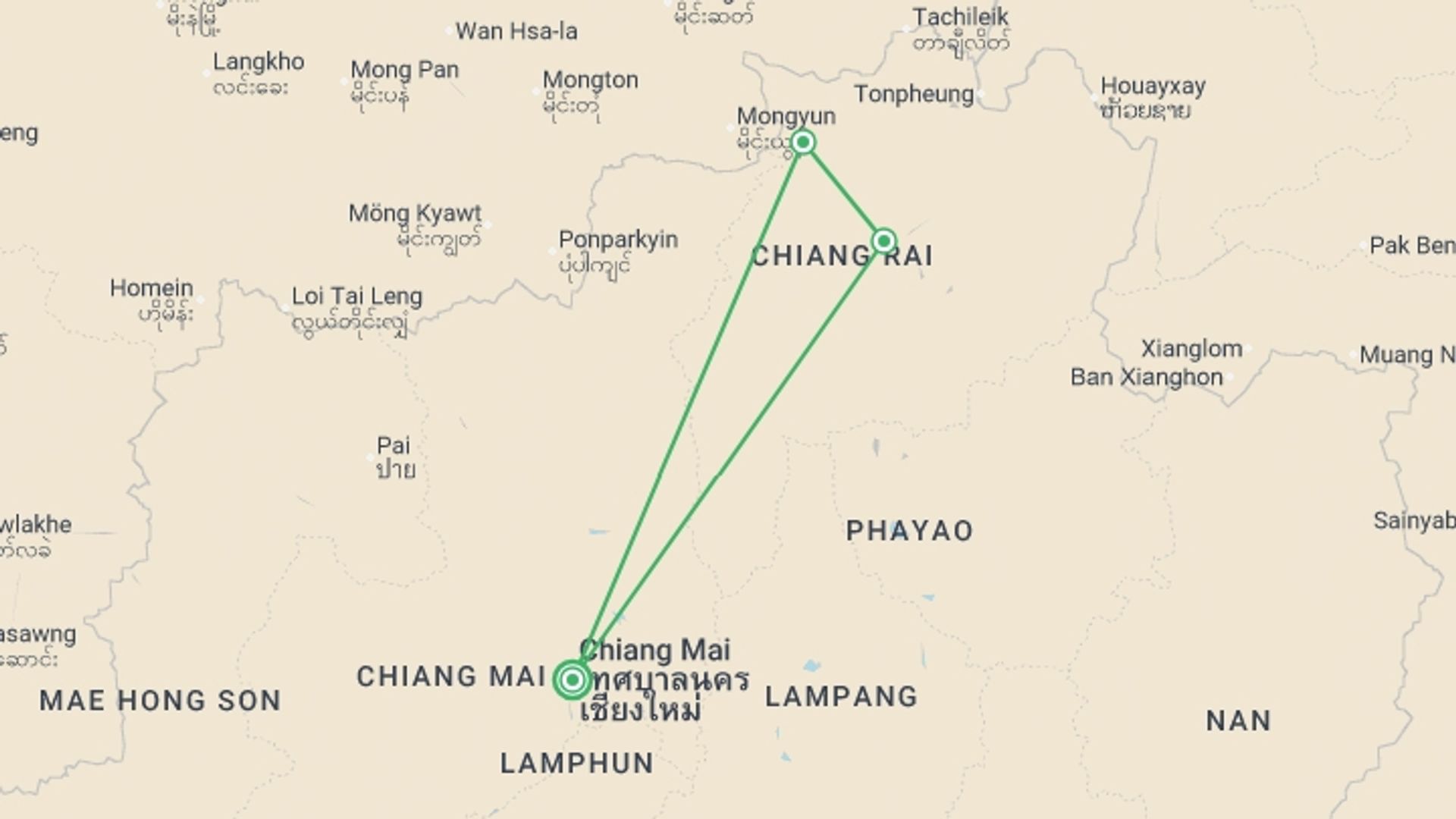 A map showing the tour itinerary for the trip: Chiang Mai & Golden Triangle, starting in Chiang Mai, Thailand and ending in Chiang Mai, Thailand going through 2 other destinations.