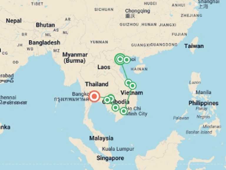 Map of Asia Tour with 10 destination visits for the trip: Best of Vietnam & Cambodia