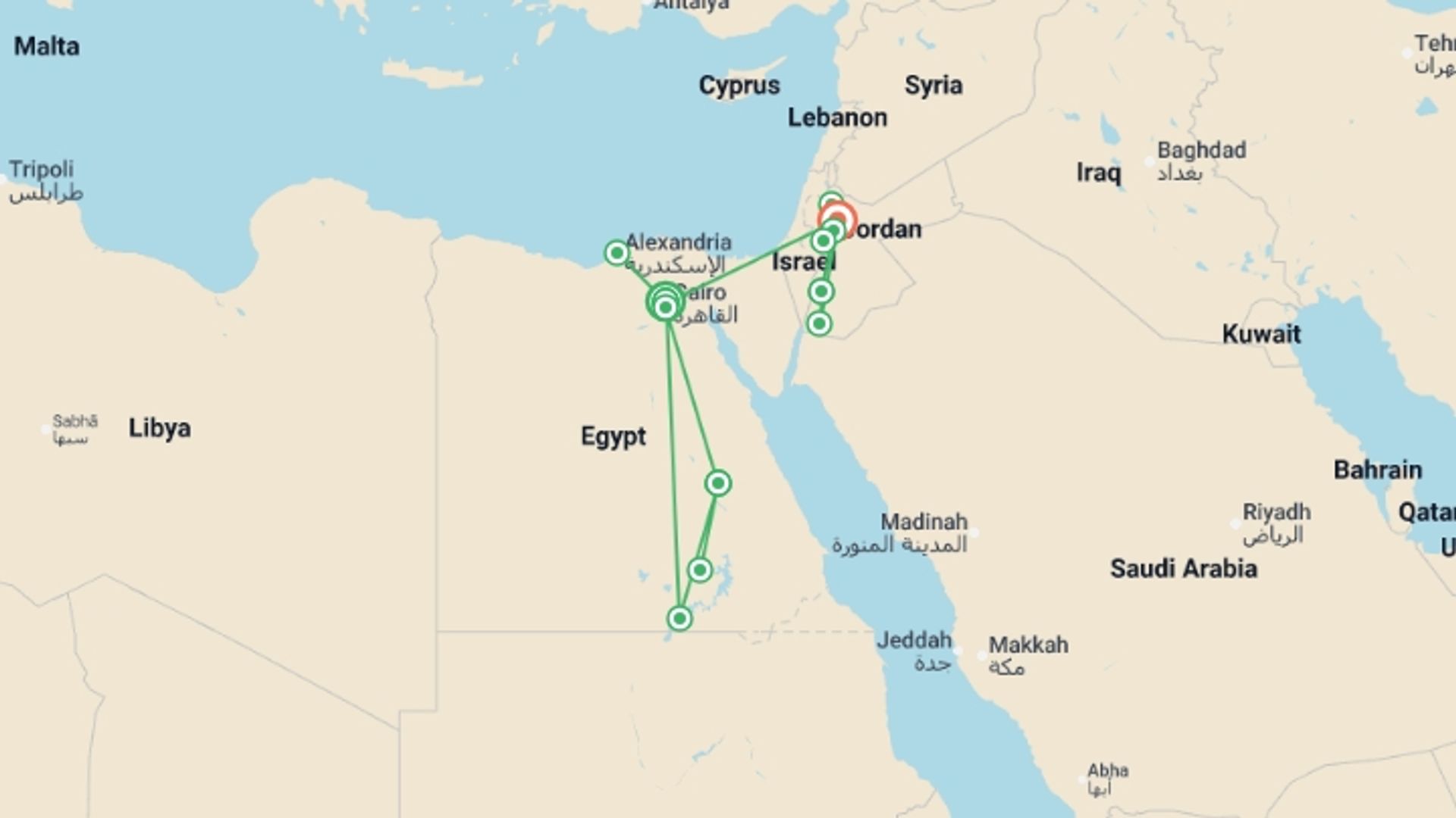 A map showing the tour itinerary for the trip: Highlights of Egypt and Jordan , starting in Cairo, Egypt and ending in Amman, Jordan going through 8 other destinations.