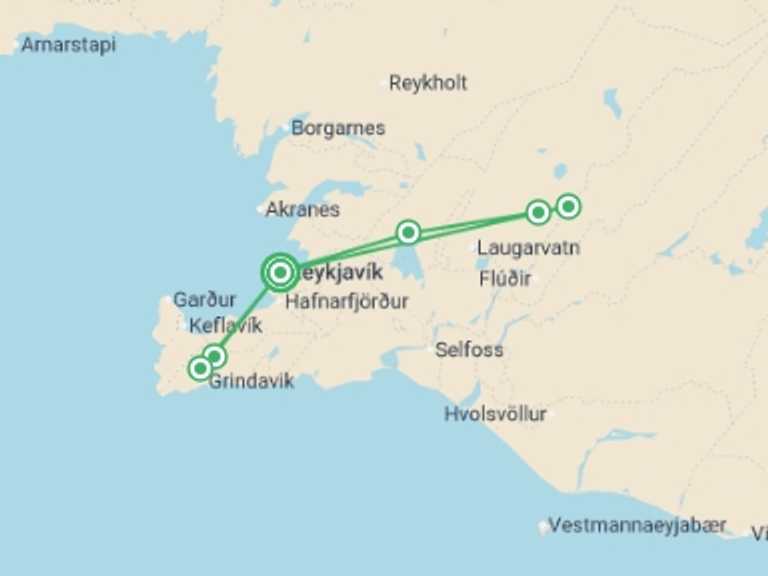 Map itinerary of Reykjavik Tour in August 2026 with 1 destination visits for the trip: Reykjavik Iceland & Solar Eclipse at Sea (Large Group) - 5 days