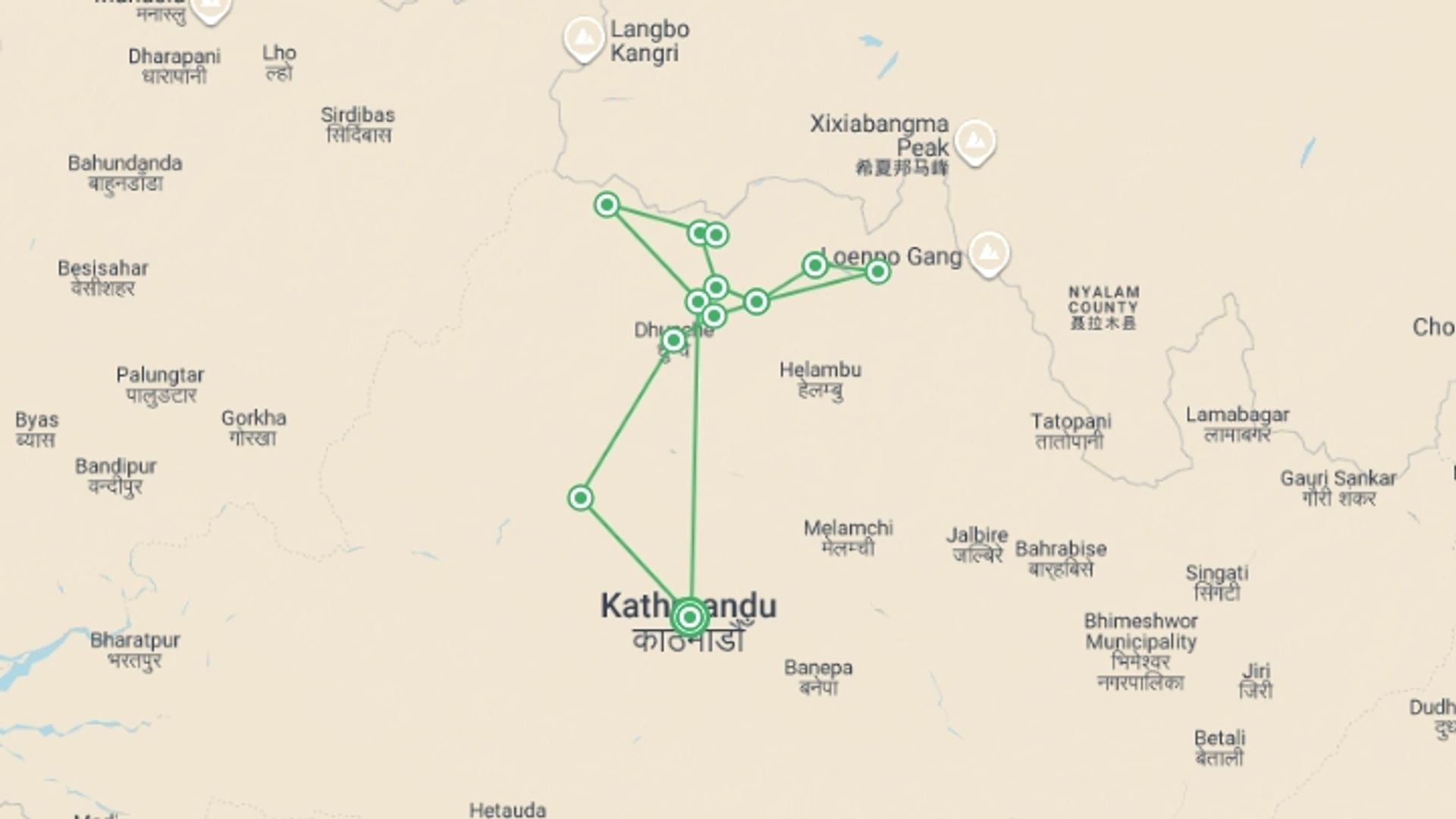 A map showing the tour itinerary for the trip: Tamang Heritage & Langtang Valley Trek, starting in Kathmandu, Nepal and ending in Kathmandu, Nepal going through 12 other destinations.