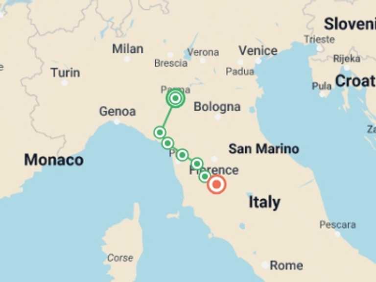Map of a Bicycle Tour with 7 destination visits for the trip: Cycle the Via Francigena - Parma to Siena